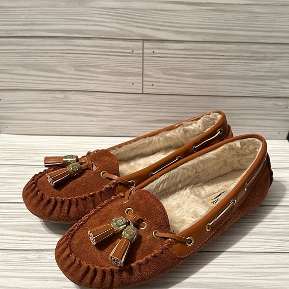 Lucky Brand Cognac Brown LeatherUpper Faux Fur Lined Moccasins FlatsLoafers Sz 8 - Picture 3 of 6